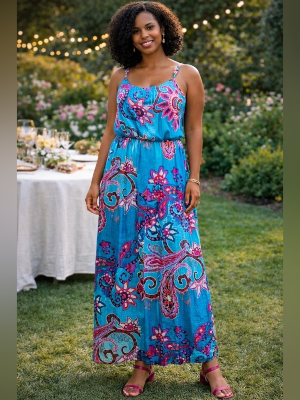 B. Darlin SZ S blue & purple multicolored maxi dress bust 32”-38”